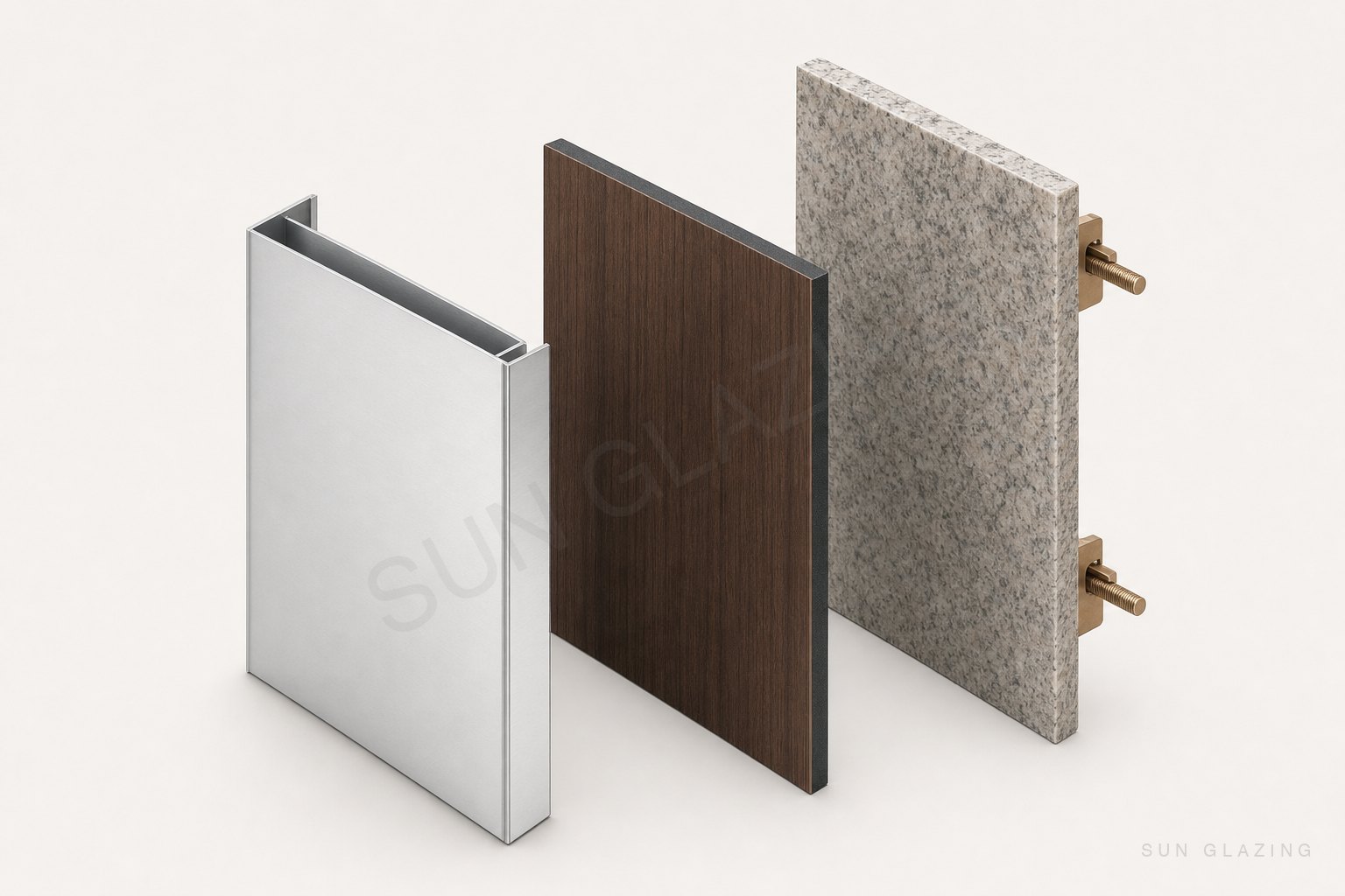 ACP tray, HPL board and granite slab cladding samples side by side