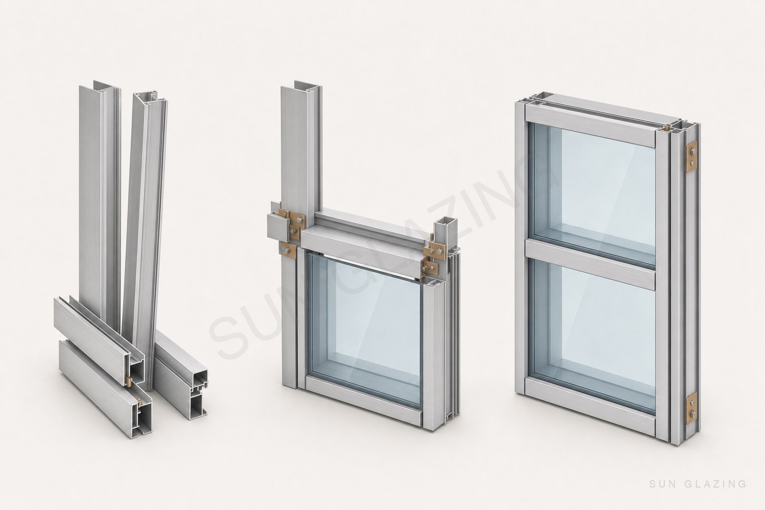 Stick members, semi-unitized grid with cassette, and a complete unitized panel side by side