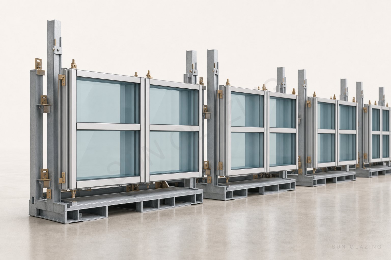 Finished unitized curtain wall panels standing in transport racks on a factory floor