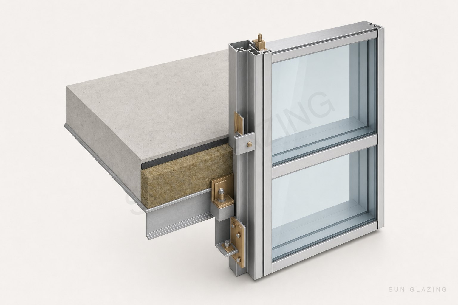 Cut-away of a curtain wall at a floor slab showing the mineral wool firestop