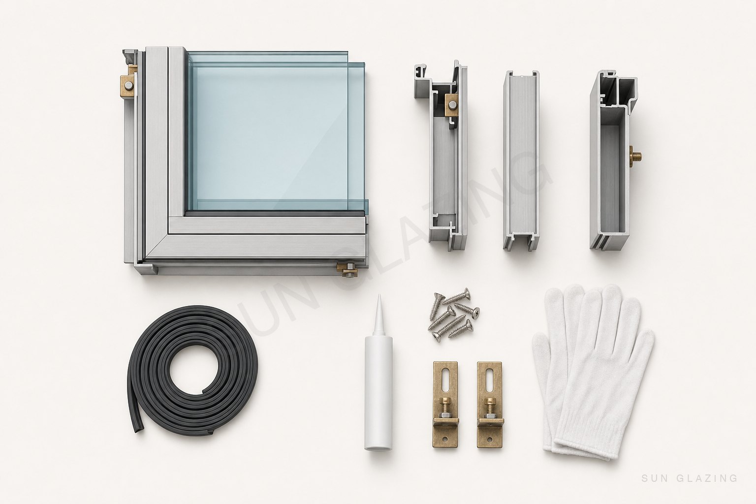 Curtain wall components laid out: glazed corner, profiles, gasket coil, sealant, screws, brackets