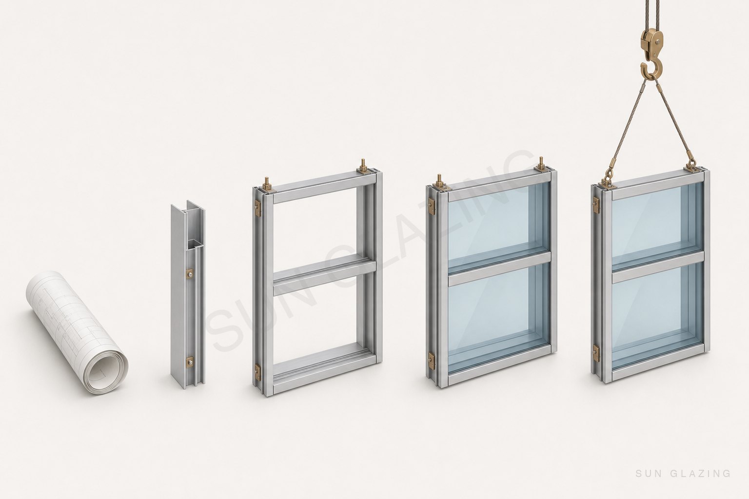 From shop drawing to extrusion to assembled, glazed panel hanging on a crane hook