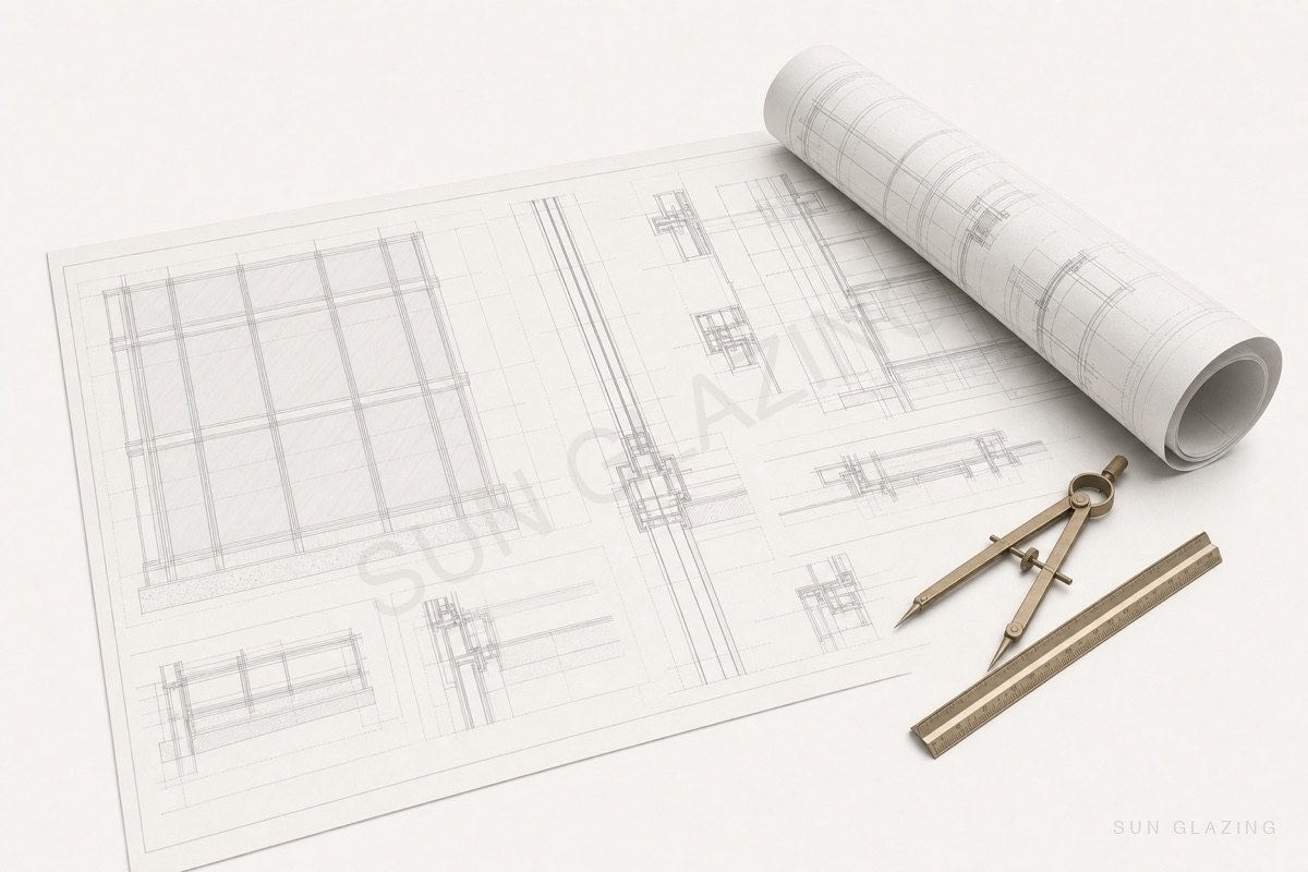 Shop drawing with an extruded mullion profile and drafting compass
