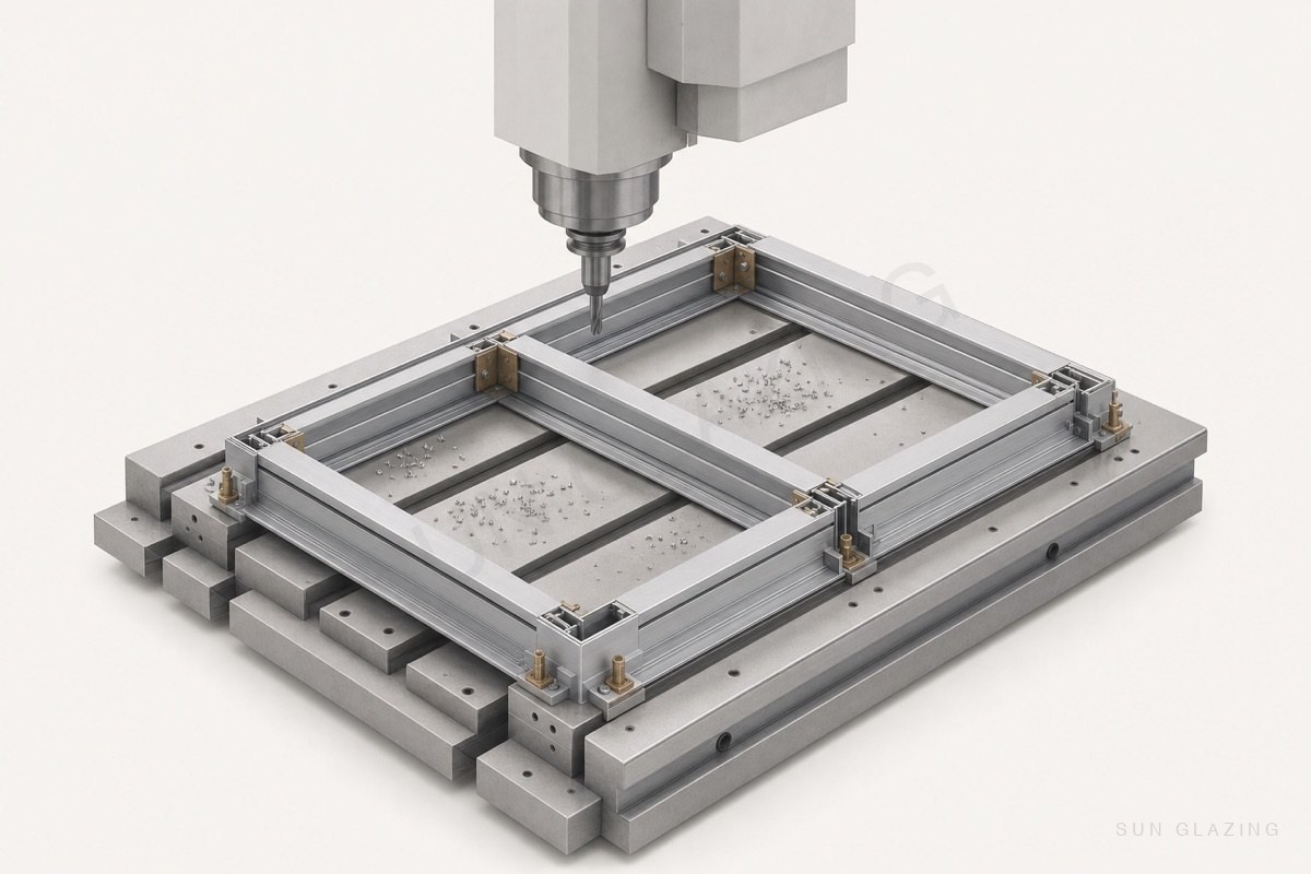 Unitized panel frame on a CNC machining bed