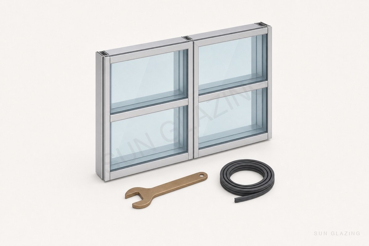 Completed unitized facade fragment with maintenance tools