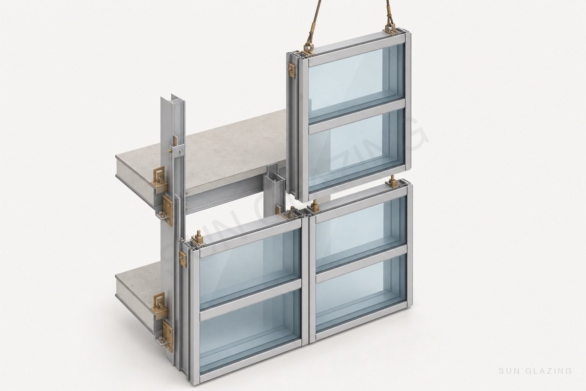 Unitized curtain wall panels, one being hung on crane slings