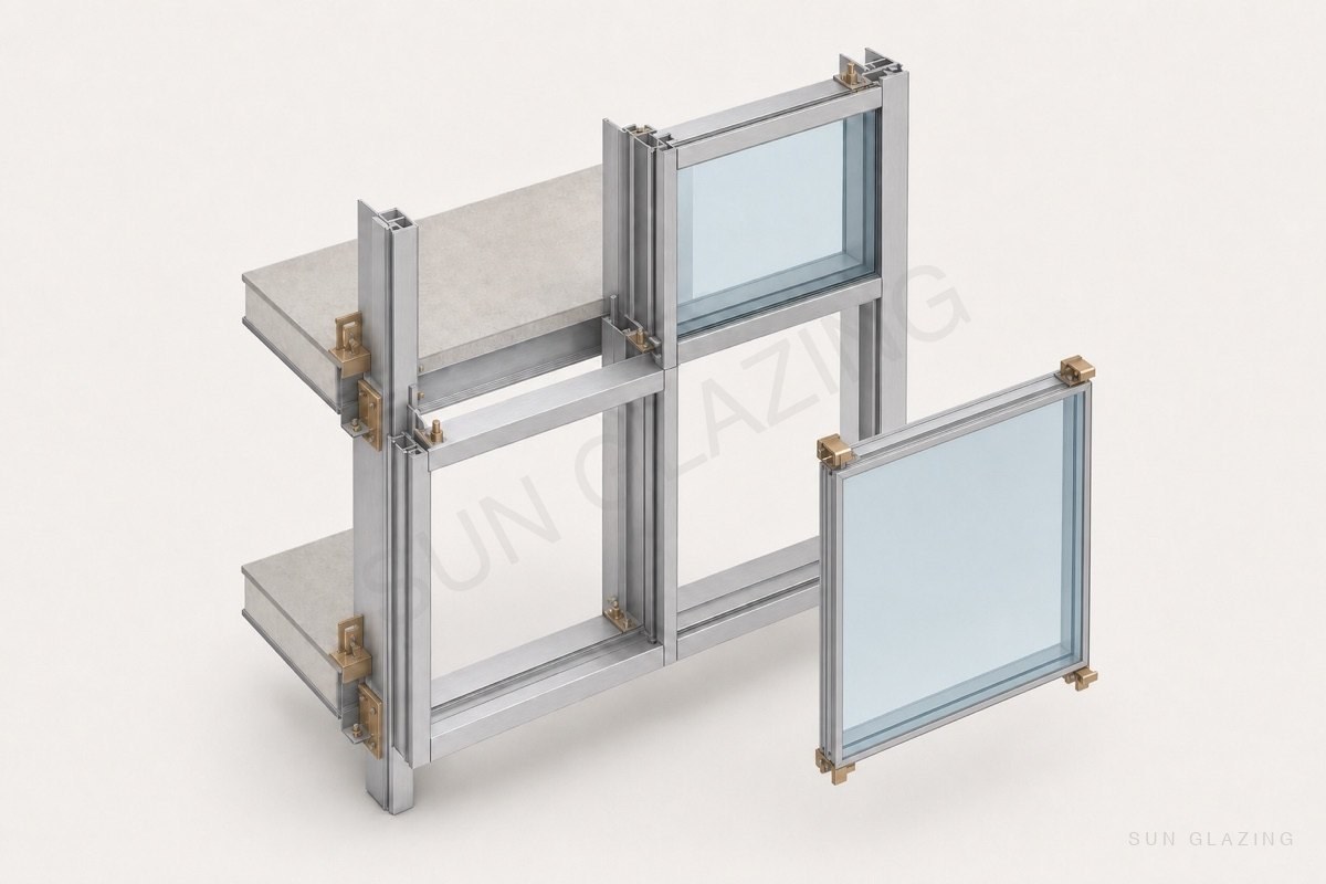 Semi-unitized curtain wall carrier grid with infill panel