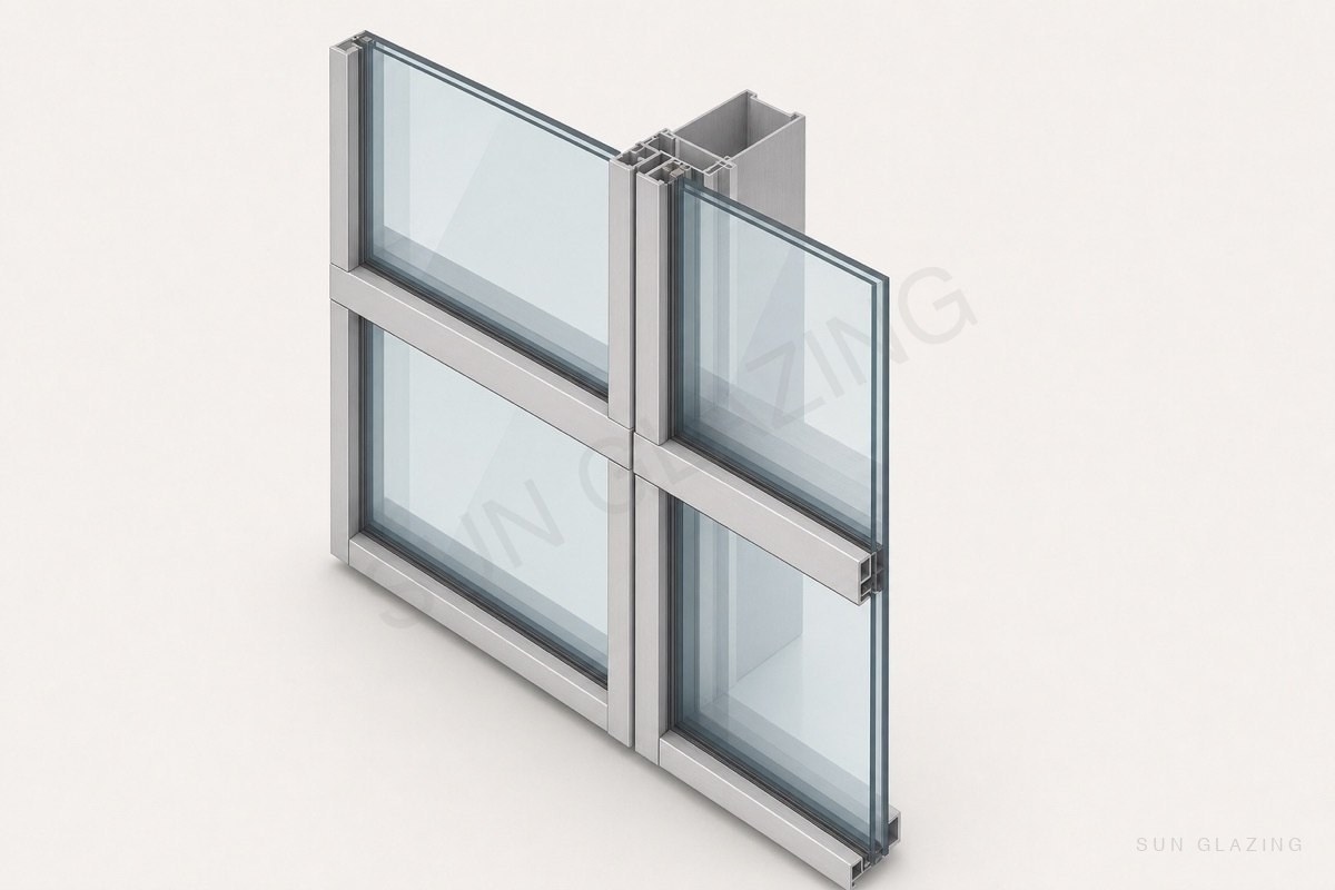Stick curtain wall with exploded pressure plate and cover cap