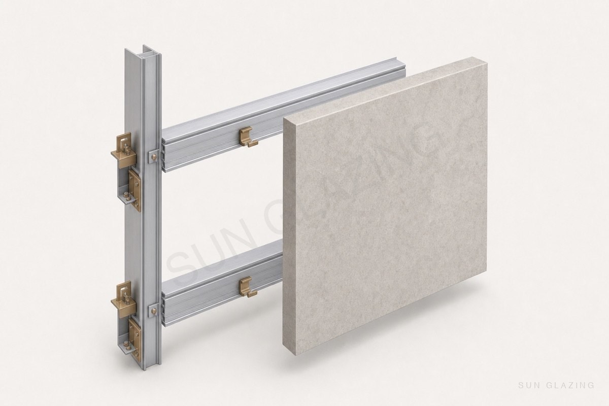 Stone cladding slab exploded from rails with undercut anchors