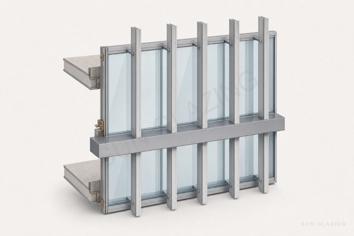 Glass facade with projecting vertical fins and a horizontal band