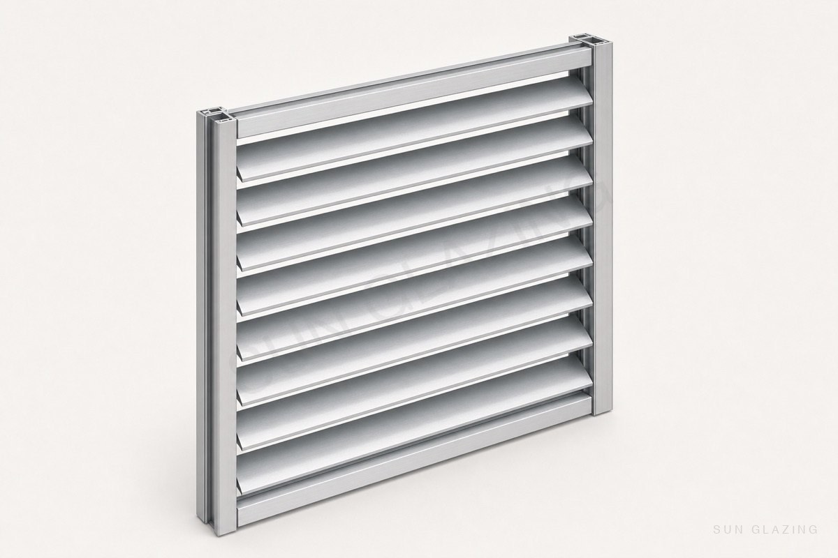 Aerofoil louver blades spanning an aluminium frame