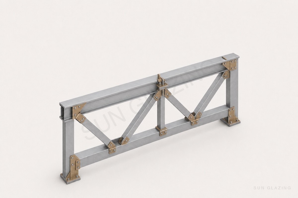 Steel truss with gusset connections carrying a glazed panel