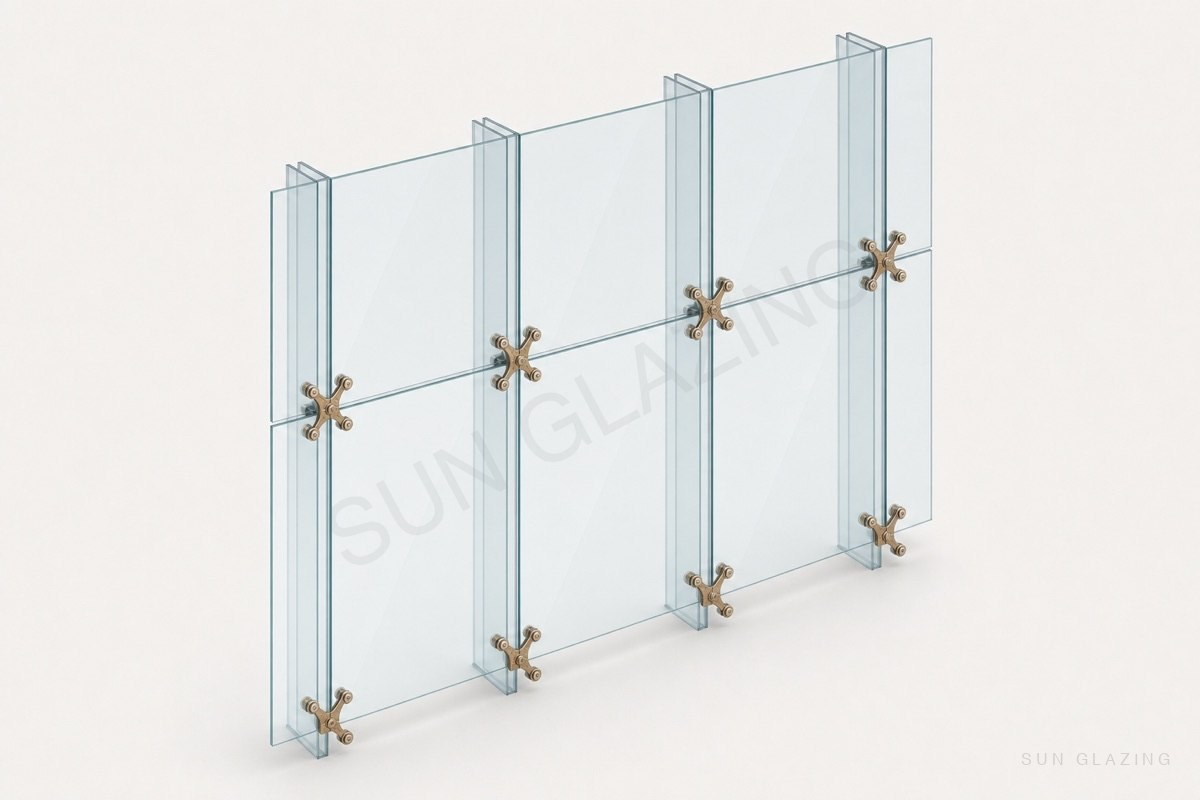 Butt-jointed frameless glass panes with patch fittings