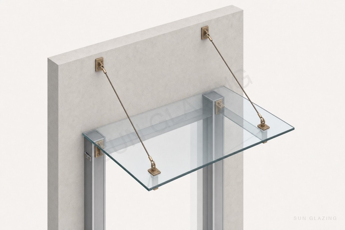 Structural glass canopy on tension rods projecting from a wall