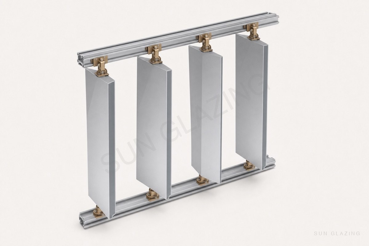 Rotating facade blades between carrier rails